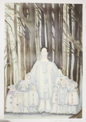 a painting of a woman standing in front of a group of teddy bears