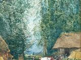 a painting of a farm scene with people and animals