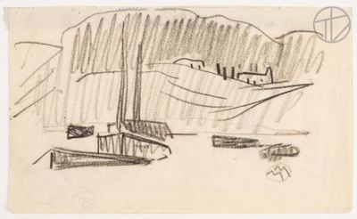 drawing of a boat in a body of water with a mountain in the background