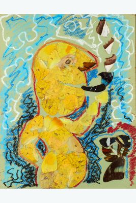 a drawing of a man holding a bird in his hand