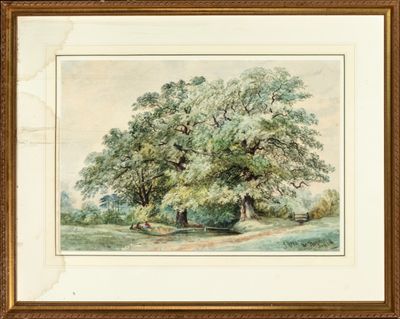 un tableau représentant un grand arbre dans un champ, avec un banc