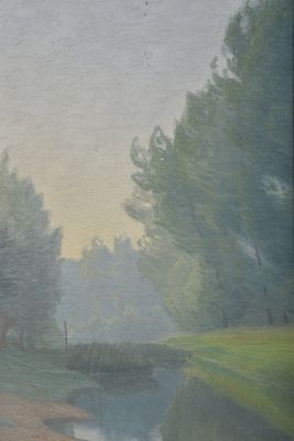 un tableau représentant un homme à cheval au bord d'une rivière