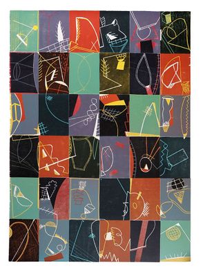 une peinture abstraite composée de formes et de couleurs variées sur fond noir