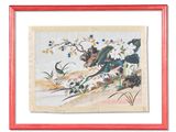 an image of a painting of birds and flowers in a red frame
