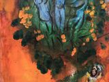 a painting of a woman standing in front of a tree