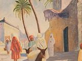 un tableau représentant un homme chevauchant un âne dans la rue