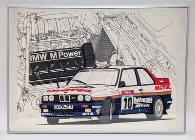 peinture représentant une voiture de course BMW M1 Power, avec un moteur en arrière-plan