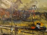 a painting of a man on a boat in the water