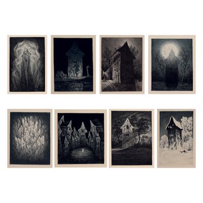 six photographies en noir et blanc représentant une grange, un cheval, une grange et une maison