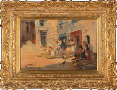 une peinture à l'huile représentant une scène de rue avec des personnes et un chien