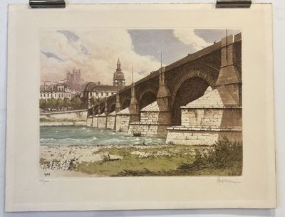 a painting of a bridge over a river with a building in the background