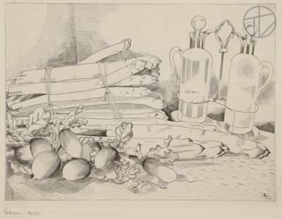 a drawing of a bunch of vegetables on a table