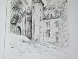 drawing of a building with a clock tower in the middle of it