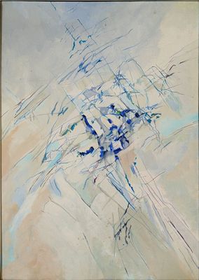 painting of a painting of a bunch of flowers in blue and white