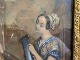 painting of a woman holding a blue object in front of a birdcage