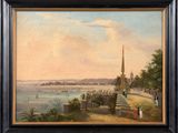 an oil painting of a view of a city with a church steeple in the distance