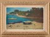an oil painting of boats on a beach near a body of water