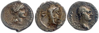 trois pièces de monnaie romaines antiques sur lesquelles figurent les visages d'hommes et de femmes