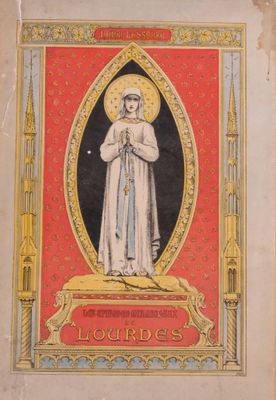 an old book with a picture of a saint holding a rosary