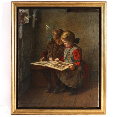 painting of two children reading a book in a corner of a room