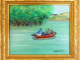 tableau représentant un homme et un chien dans un bateau sur une rivière