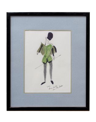 un dessin représentant un homme vêtu d'un manteau vert et d'un chapeau