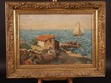 an oil painting of a house on a rocky shore with a sailboat in the background