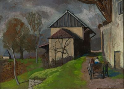 a painting of a man sitting on a horse drawn carriage
