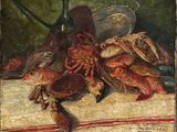 un tableau représentant des homards et des palourdes posés sur une table