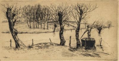 an image of a drawing of a farm scene with trees and a tractor