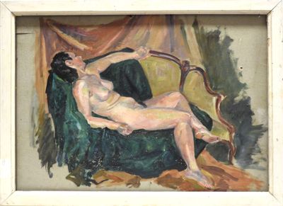 painting of a female nude reclining on a green chair