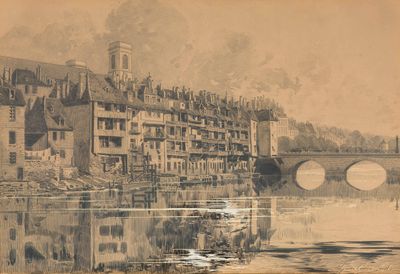 a drawing of a city with a bridge over a river