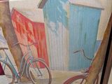 tableau représentant un vélo appuyé contre un mur, à côté d'un tableau représentant une grange