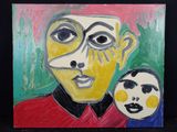 un tableau représentant un homme et un enfant sur fond noir