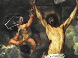 a painting of jesus on the cross with other people