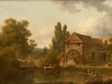 a painting of a water wheel in the middle of a river