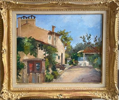 an oil painting of a street scene with a house and a mailbox