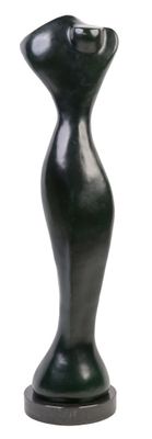 un vase noir posé sur un socle, sur fond blanc