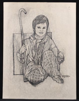 dessin au crayon représentant un jeune garçon assis par terre, une canne à la main