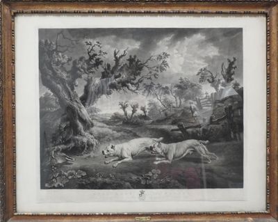 une peinture en noir et blanc représentant un chien allongé par terre près d'un arbre