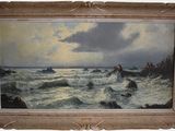 painting of a painting of waves crashing on rocks in the ocean