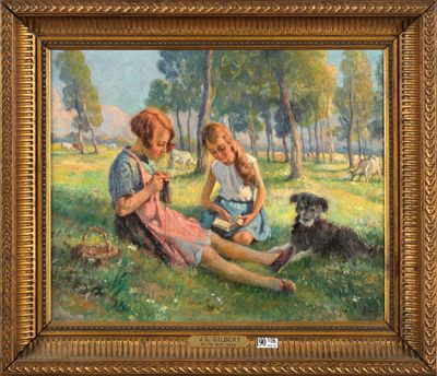 Huile sur toile "Enfants avec leur chien et leur troupeau da…