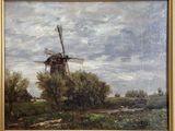 une peinture à l'huile représentant un moulin à vent dans un champ bordé d'arbres