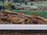 an oil painting of a horse in a field with trees in the background