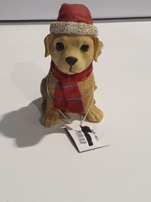 un chien brun portant une écharpe rouge et un bonnet rouge