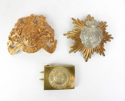 deux broches en or et en argent et une pièce de monnaie posées sur un fond blanc