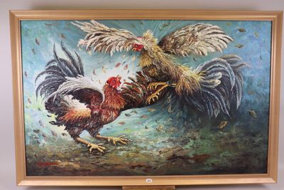 un tableau représentant deux coqs en train de se battre, accroché au mur