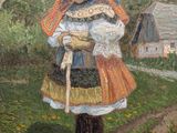 painting of a woman with a cane in a field with houses in the background