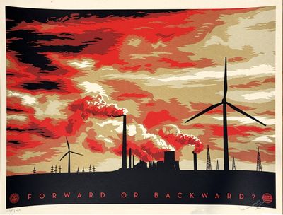 an image of a picture of a red sky with windmills in the background