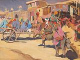 un tableau représentant un groupe de personnes à bord d'une calèche